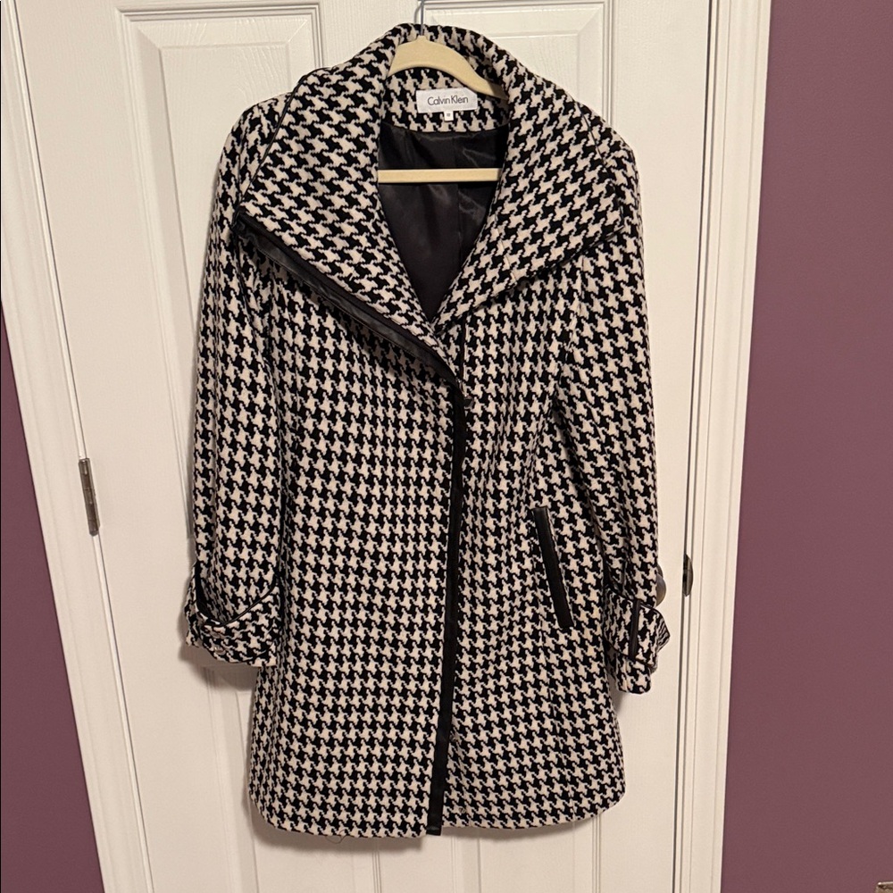 Calvin Klein jacket black white herringbone trim pocket size 12